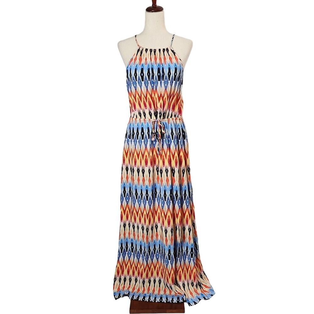 Athleta Sunset Maxi Dress Ikat Multi Print Halter Neck Keyhole Women's Small